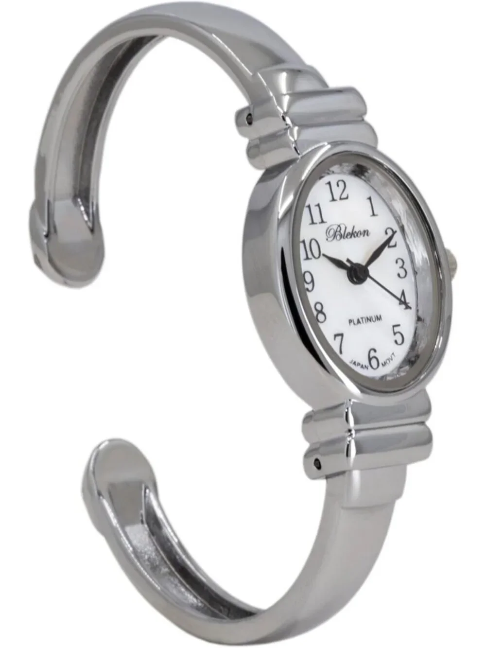 Womens Silver Analog Quartz Elegant Pearl Dial Sophisticated Cuff Bracelet Watch